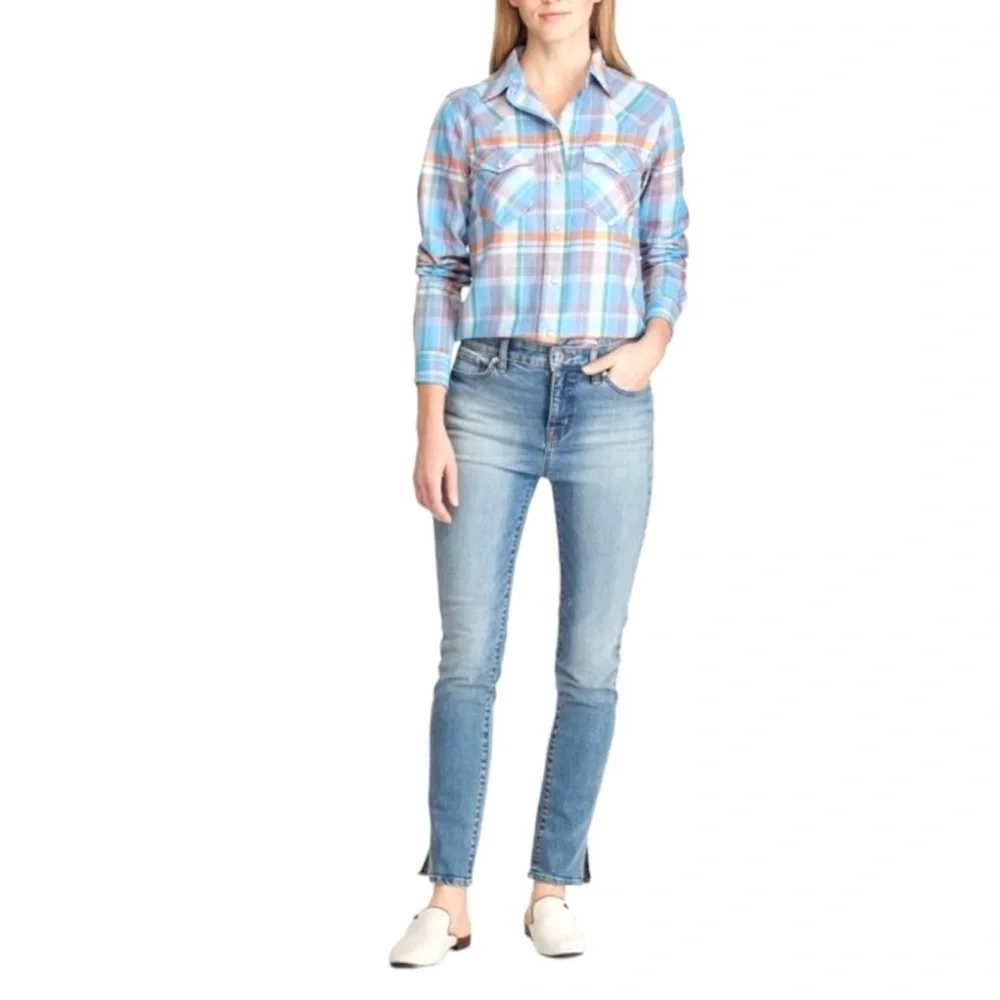 Ralph Lauren Plaid Western Pearl Snap Top Button Down Cotton Blouse Blue Small - Picture 13 of 13